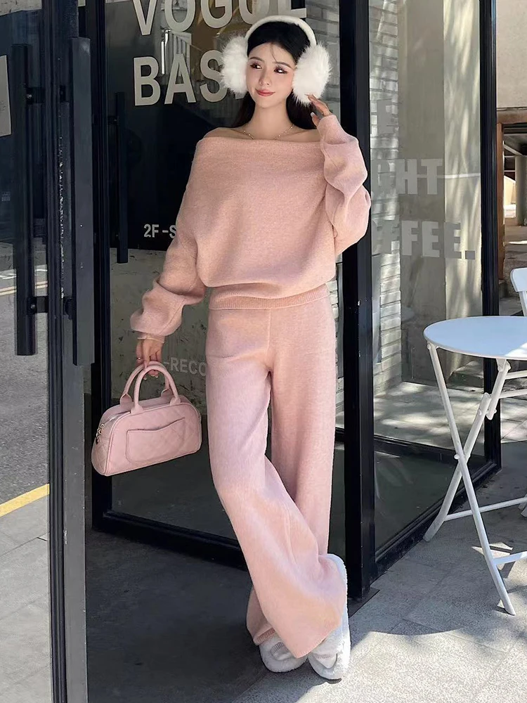 BZVW Korean Style One Shoulder Sweaters Wide Leg Pants Two-piece Set Solid Color Minimalism Sets 2024 Autumn Winter New 25Z1081