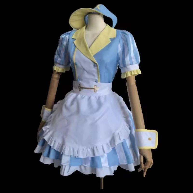 Luo Tianyi Roller Skating Waitress Cosplay Costume Full Set (Hat+Top+Skirt+Apron) Women Dress Halloween Party view 5