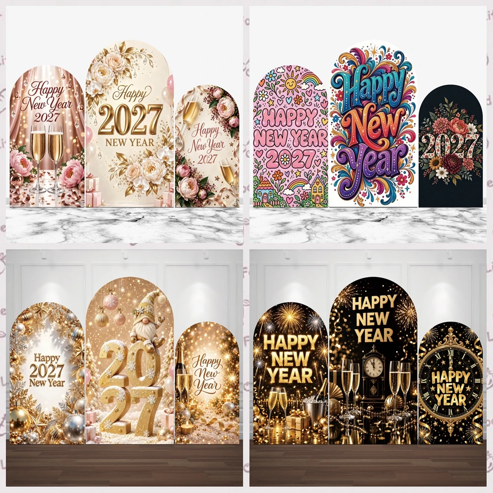 Yeele 2027 Happy New Year Arch Backdrop Cover Colorful Flowers Golden Sparkling Champagne Clock Adult Portrait Arched Background