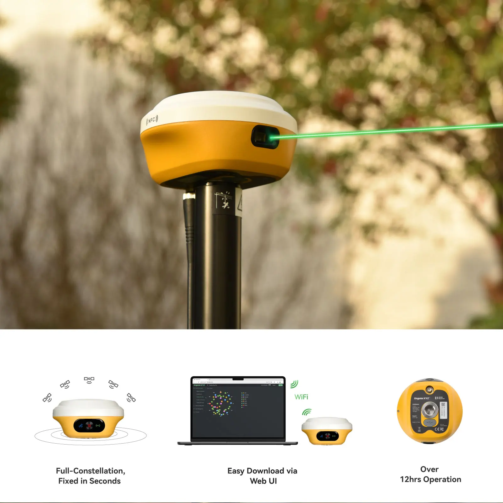جهاز استقبال GNSS ليزر SingularXYZ L1 عالي الدقة وخفيف الوزن وضمان لمدة سنة واحدة مجمع بيانات برنامج RTK GPS GNSS Rover Kit
