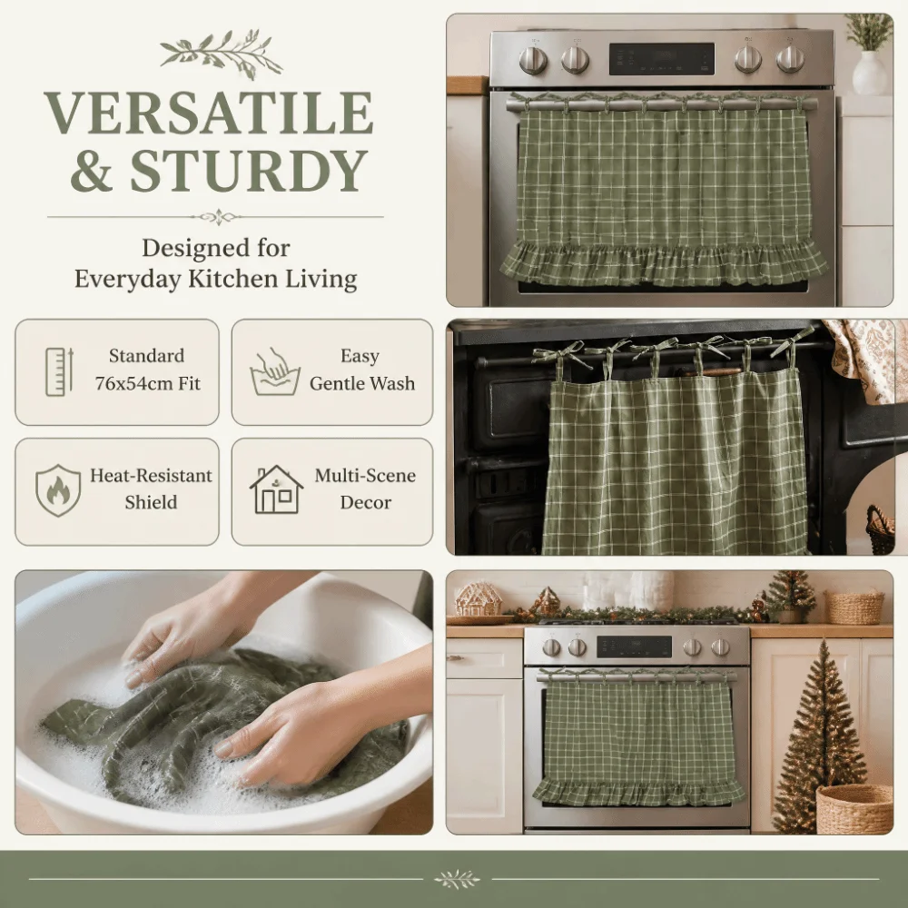 Heat Safe Cotton-Polyester Blend Oven Curtain Green Window Treatment Farmhouse Curtain Heat Safe Curtain Home Decoration