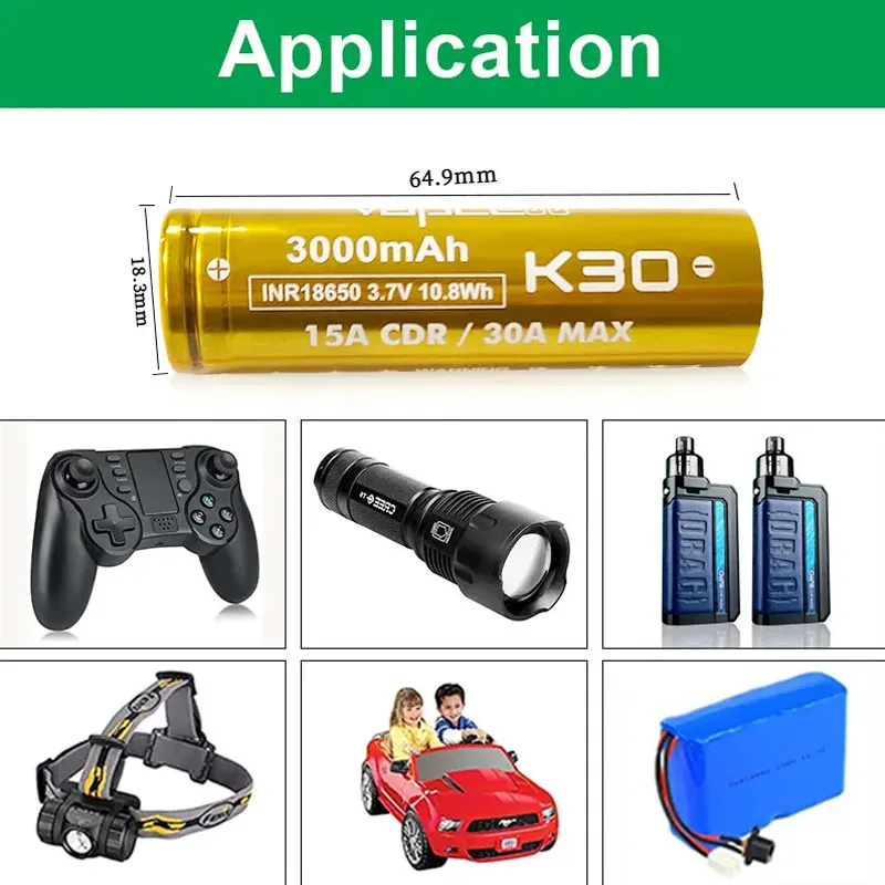 Original Vapcell K30 INR 18650 Battery 3000mAh CDR 15A Max 30A 3.7V lithium battery Li ion rechargeable 18650 Batteries For Toys