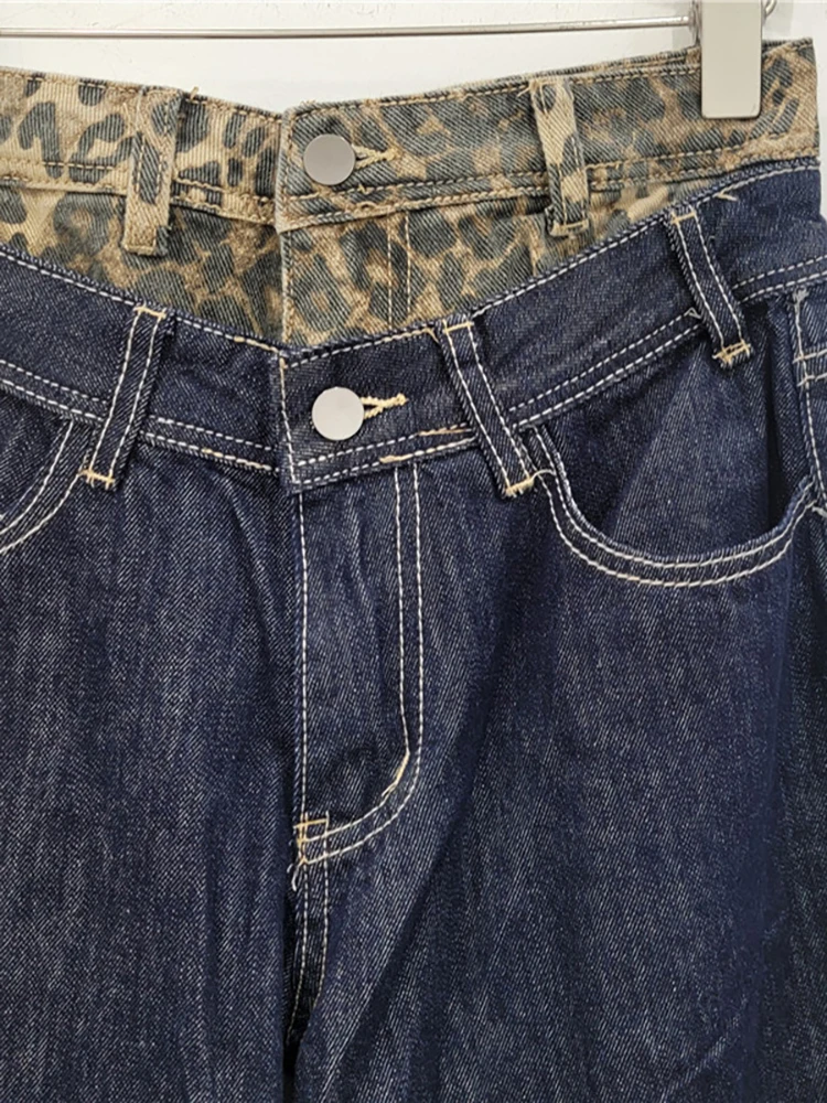 Deat Vrouwen Denim Broek Nep 2 Stuks Wijde Pijpen Dubbele Taille Patchwork Luipaard Bedrukt Rechte Jeans 2024 Herfst Nieuwe Mode 33a1770