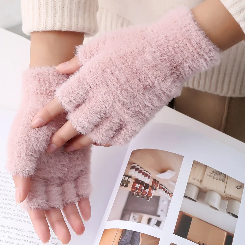 2026 Fashionable Women Half Finger Touchscreen Gloves Winter Soft Plush Warm Imitation Mink Cashmere Driving Work Gloves