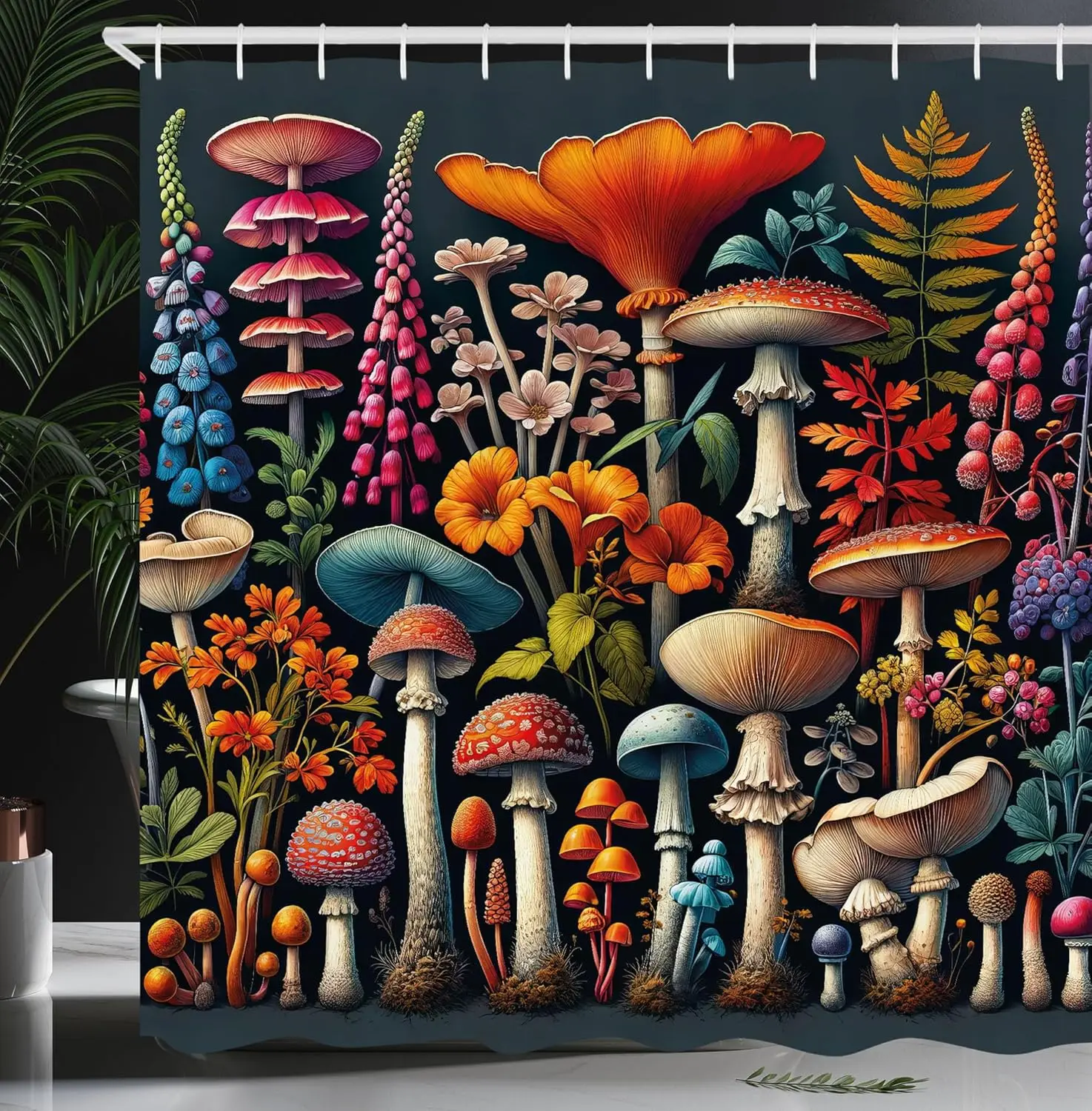 

Magical Mushroom Forest Fantasy Art Shower Curtain Colorful Fungi Nature Design Dark Blue Grey and Multicolor