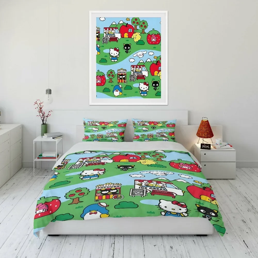 Imagem -02 - Sanrio All Character Duvet Cover Conjunto para Meninas Cama Gêmeo Rainha Rei Conjuntos de Cama dos Desenhos Animados Capa Macia Fronhas Pcs