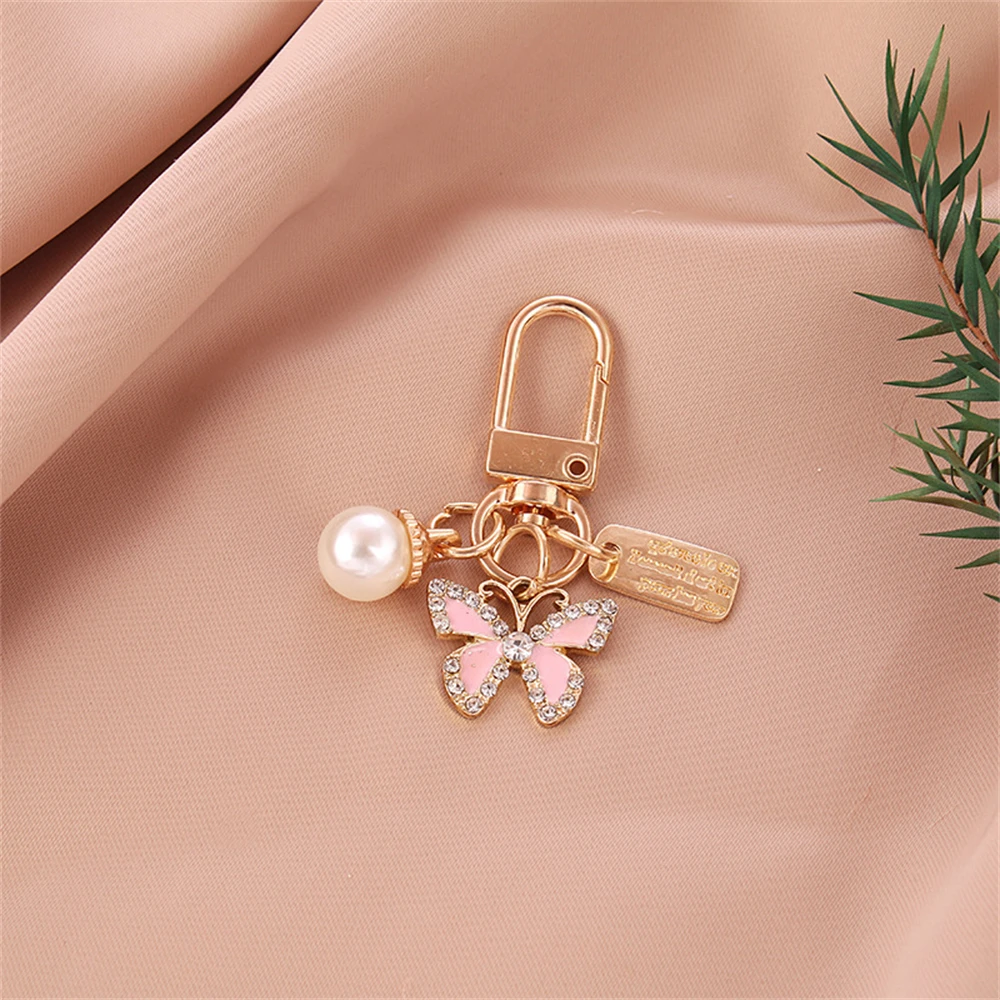 Exquisite Rhinestone Butterfly Keychain Cute Pearl Metal Tag Keyring For Women Handbag Ornaments Charms Friend Gifts Accessories