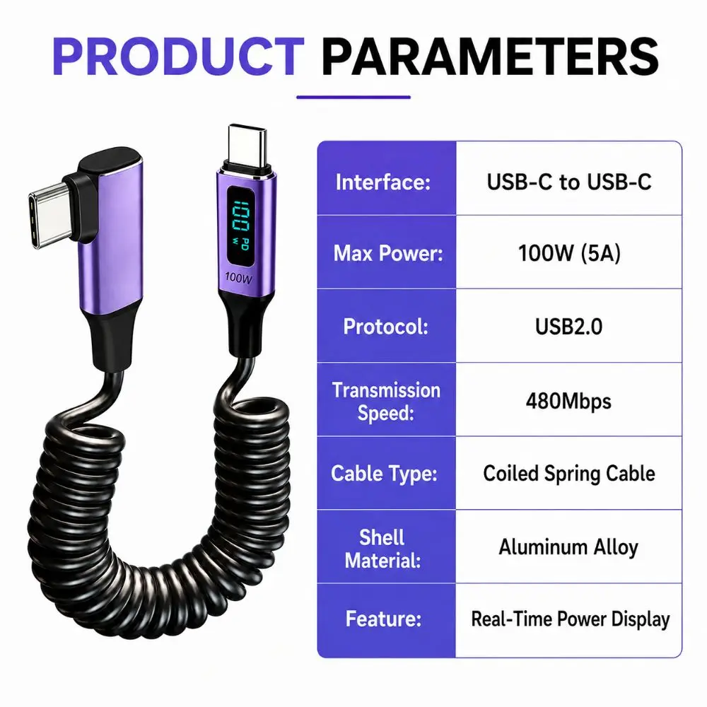 100W Fast Charging Right Angle USB-C Cable 5A Data Transfer Digital Display Cable Right Angle Plug 480Mbps Transfer