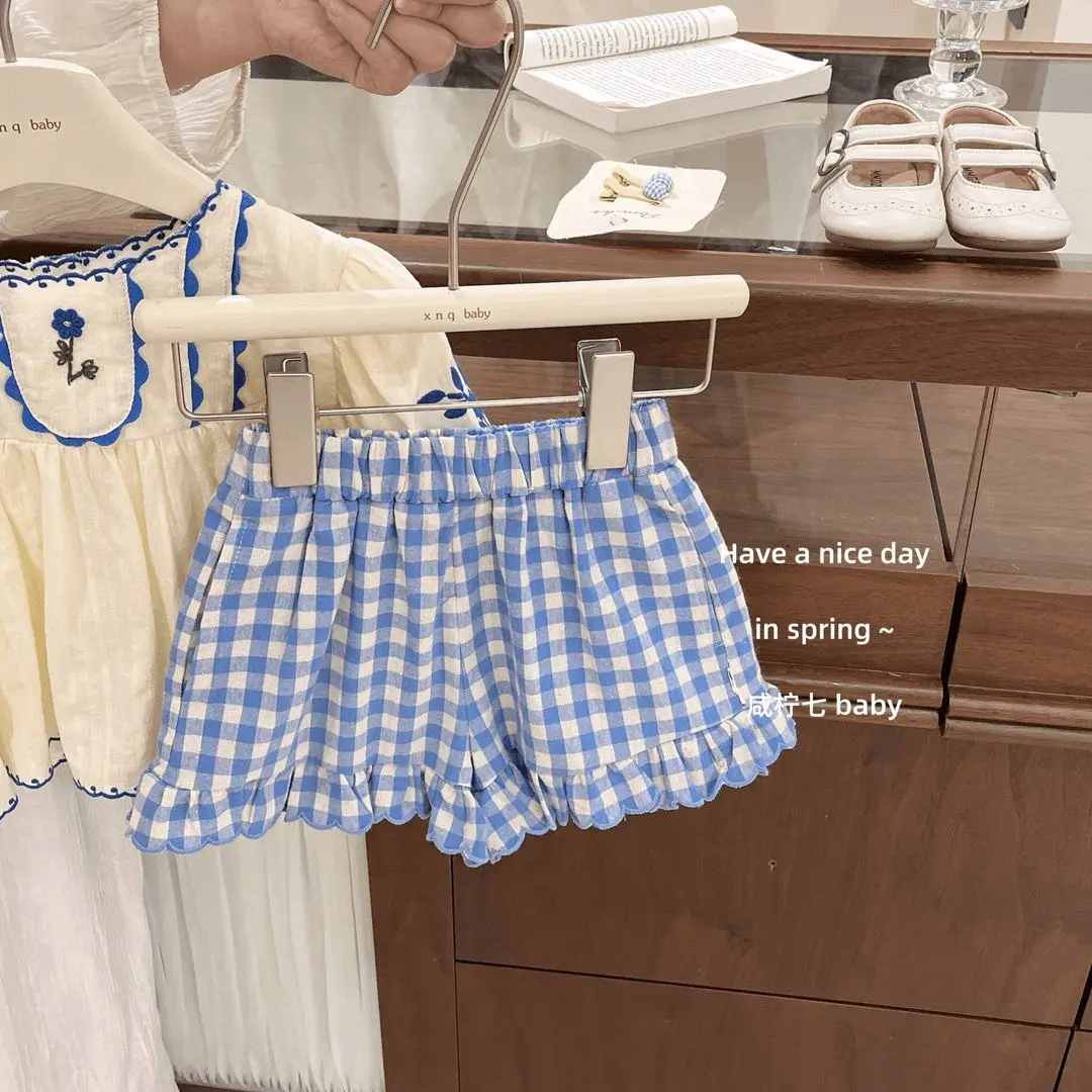 Girls Suit 2026 Spring and Summer New Childrens Wear Girls Baby Fashion Bubble Sleeve Shirt Plingham Shorts Casual Two-piece Set