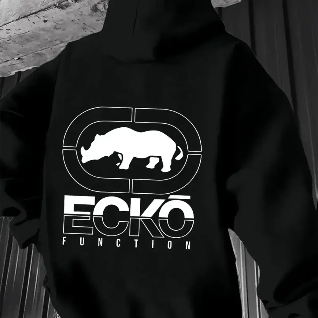 Grey Oversized Ecko Unltd Function Rhino Back Print Hoodie Men Soft Fleece Long Sleeve Casual Daily Hip Hop Hooded Top