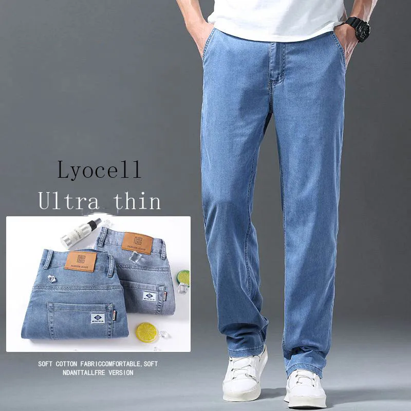 

Summer Ultra-thin Lyocell Ice Silk Jeans Men's Loose Straight Denim Pants Soft Comfortable Brand Male Light Blue Trousers