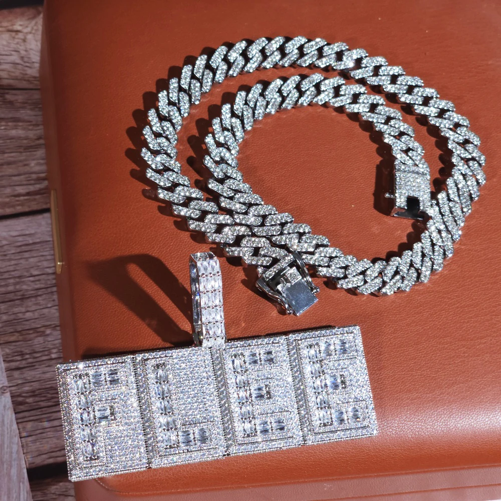 ICE CHARMI مربع مثلج خارج بلينغ مخصص رسالة شخصية لوحة سحر الكوبية سلسلة الهيب هوب الشارع قلادة هدية له لها #3