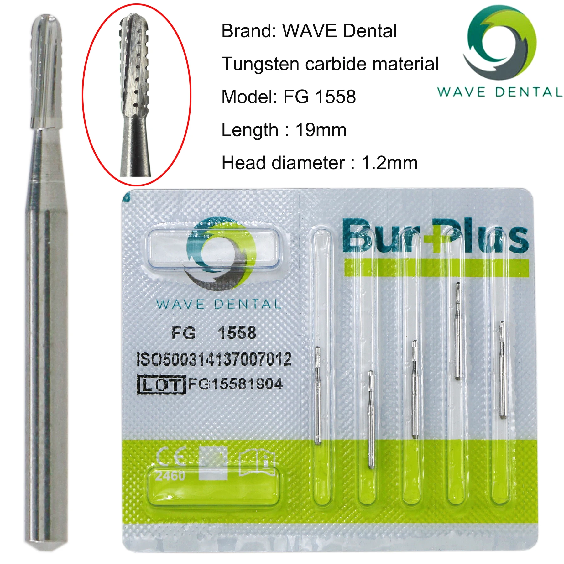 PRIMA WAVE Dental Tungsten Carbide Burs FG1558 FCC Straight Dome End Cross Cut for High Speed Handpiece Dia.1.2mm 5Pcs/Pack