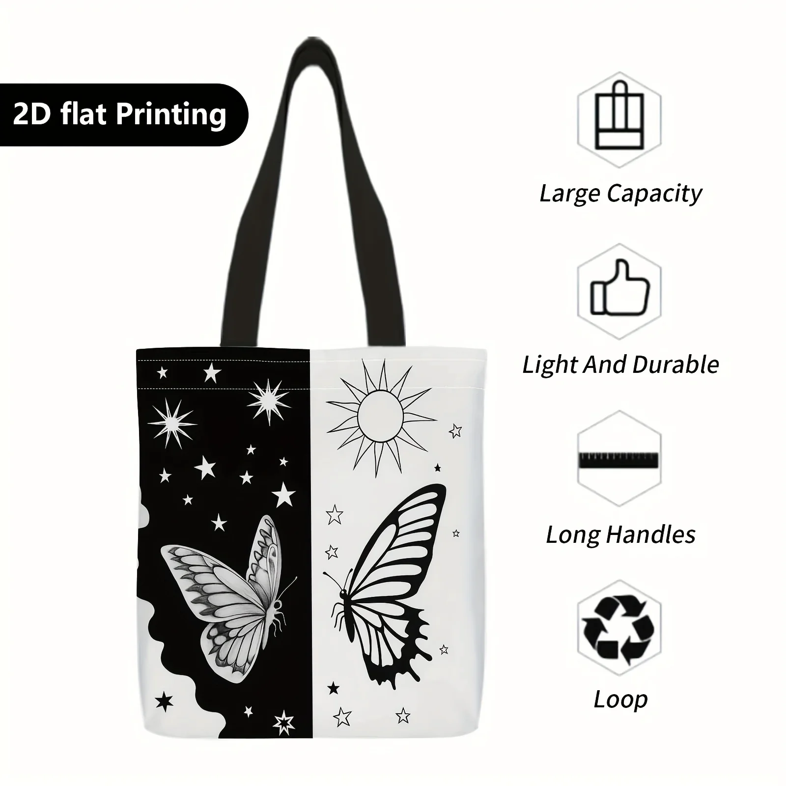 1pc Large Reusable Tote Bag with /Star/Eclipse Print Casual Foldable Machine-Washable Durable Shopping Bag Open Top for Travel