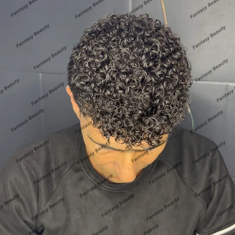 Prótesis de cabello humano Afro para hombres, de larga duración tupé indetectable, Base de Mono fino, reemplazo de pelucas rizadas de 12mm, color negro