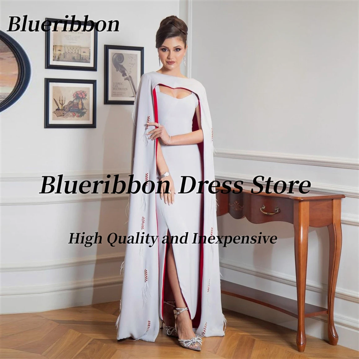 

Blueribbon Prom Dresses 2024 Luxury Evening Gowns Side Slit Sexy Birthday Party Dress Beaded Feathers Wraps Vestidos De Noches