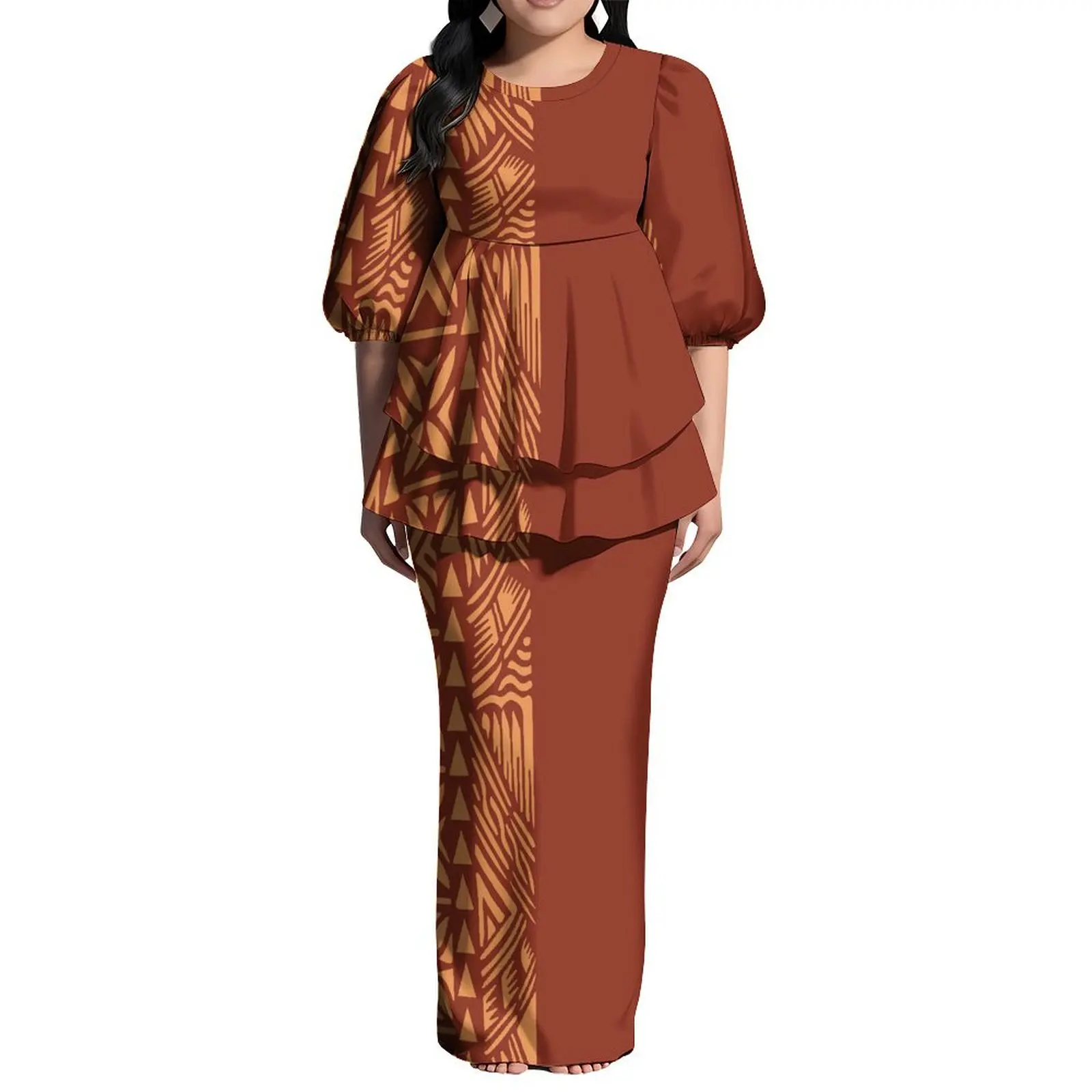 

Высокое качество, женское повседневное платье с рюшами по индивидуальному заказу, фджи, полинезийское платье с объемными рукавами, платье Самоа, комплект из двух предметов