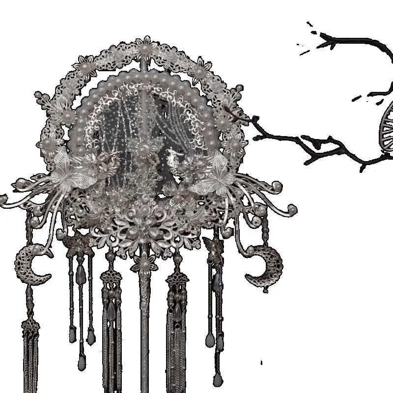 

Materials Handmade wedding bride antique Chinese girlfriend wedding, silver handheld finished product happy fan wedding