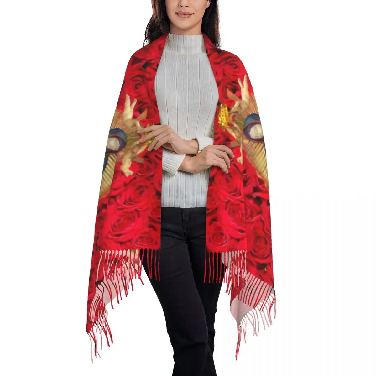 Guadalupe Virgin Mary With Flowers Scarf Wrap Women Long Winter Warm Tassel Shawl Unisex Catholic Scarves