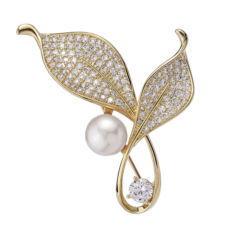 Luxury Rhinestone Leaves Brooch High Quality Pearl Metal Buckles Fixed Accessories Anti Fading Brooch Coat Collar Pin Jewelry