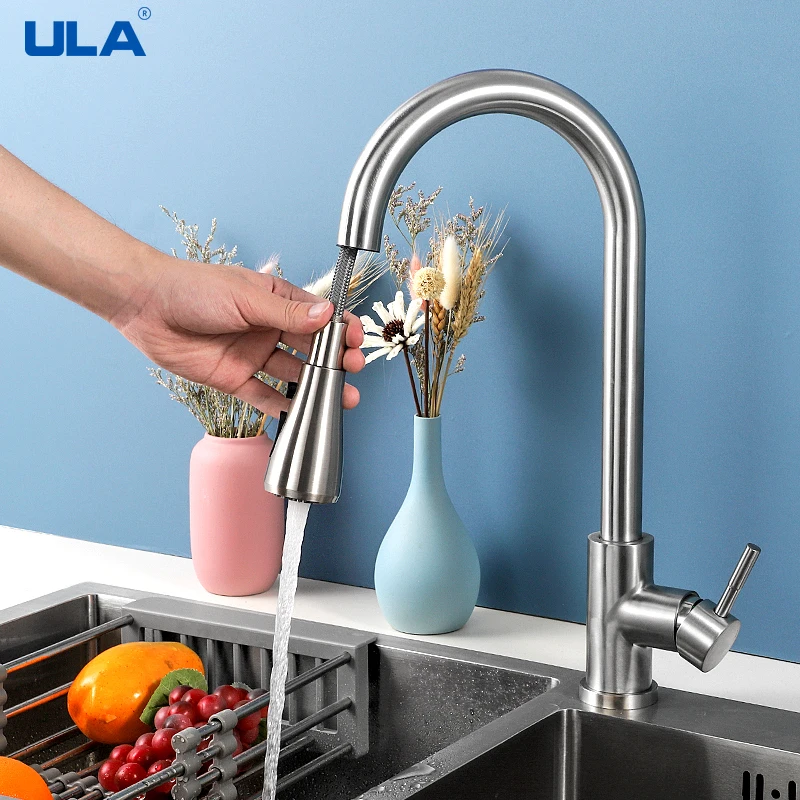 

ULA Brushed Kitchen Faucet Pull Out Spout Kitchen Sink Mixer Tap Stream Sprayer Head Black Mixer Hot and Cold Water Taps