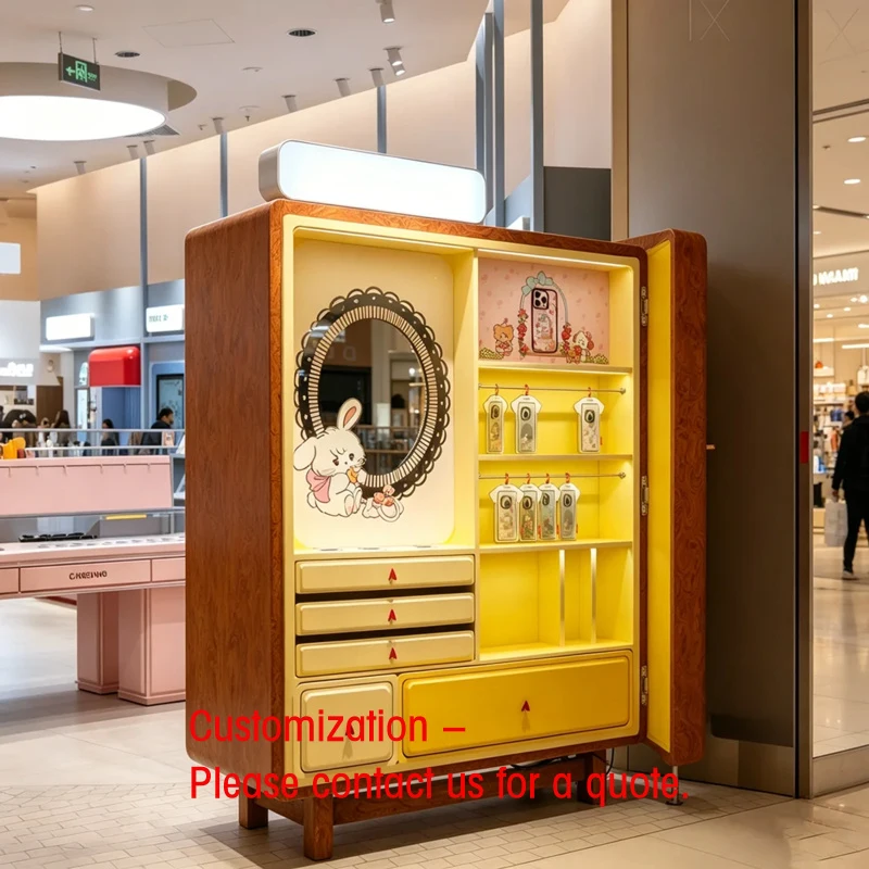 custom.Retro Cartoon Themed Display Cabinet | Bright Yellow Interior & Mirror | Cute Mall Showcase IP Merchandise