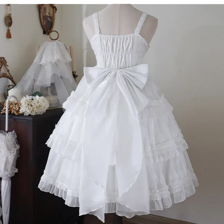 Viktorianisches Lolita-Hosenträgerkleid, Damen-Gothic-Kleid mit Puffärmeln, kurzen Ärmeln, laminierten Rüschen, Mini-Kleid mit Schleife und Rüschen, Prinzessinnenkleid – Detail 5