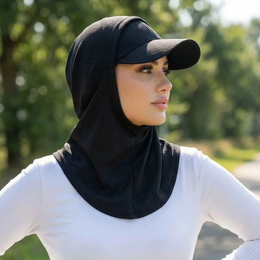 

Casual Sun Hat with Hood Solid Color Wide Brim Muslim Headscarf Hat Sun Protection Breathable Muslim Turban Cap Summer Sports
