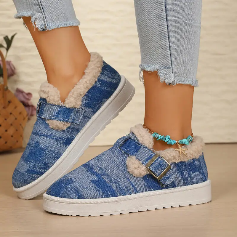 

Fashion Denim Furry Snow Boots Women 2025 Winter Comfort Soft Sole Non Slip Boots Warm Short Plush Ankle Boots Plush Size 43