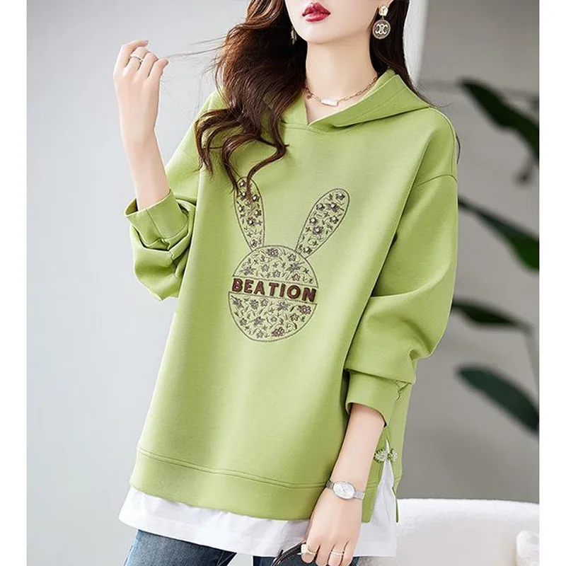 Autumn Fashion Trend Pure Cotton Embroidery Beads Versatile Patchwork Loose Hooded Casual Style Long Sleeve Women\'s Sweater