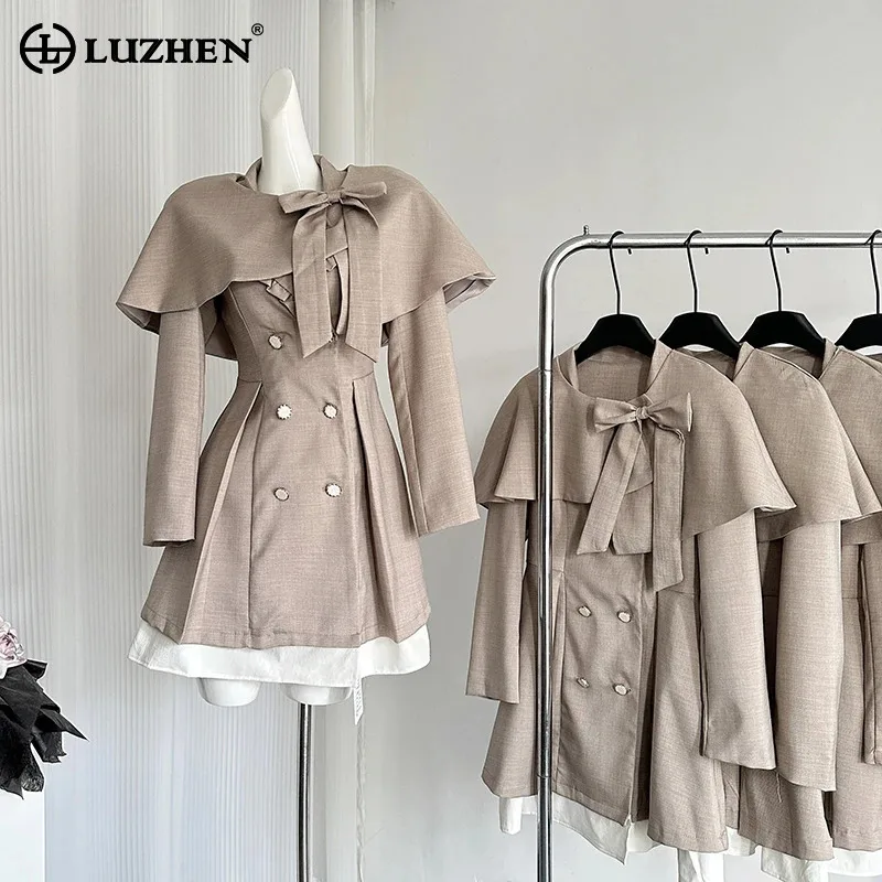 LUZHEN Elegant Temperament Solid Color Cloak Shawl Patchwork Design Short Dress Trench Coat Women's 2024 Two-piece Sets AA1799