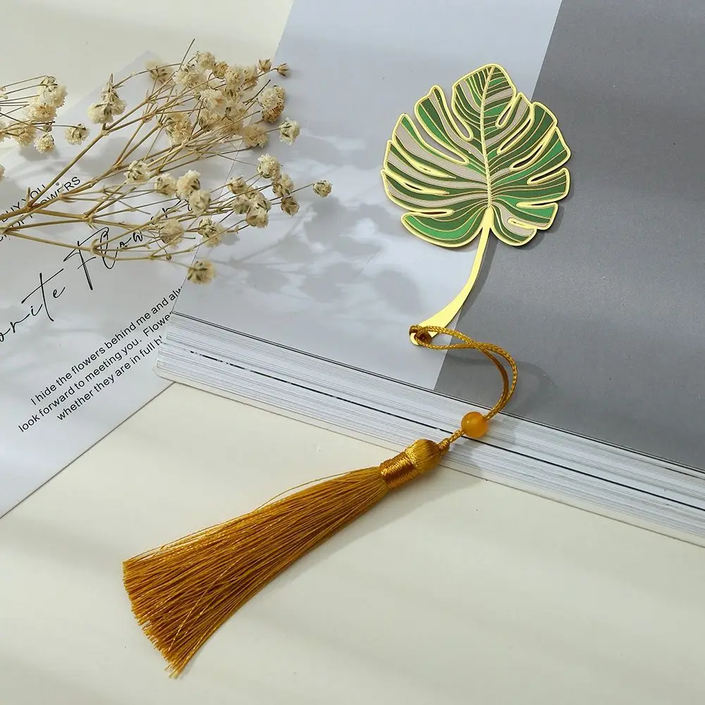 Lotus Leaf Lotus Leaf Vein Metal Bookmark Brass Flower Chinese Style Bookmark Tassel Leaf Green Leaf Bookmark Student Gift
