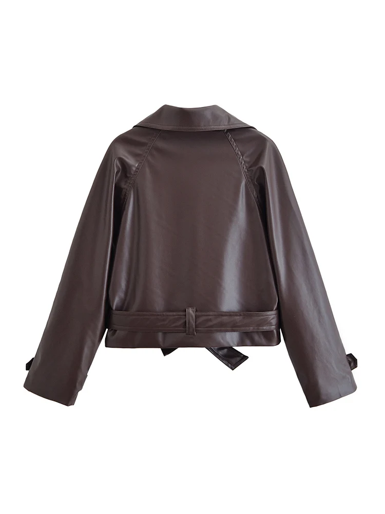 ヨーロッパ風の新しいレディースファッション、多用途で上品な無地の長袖、ベルト付きショート丈レザーウインドブレーカー