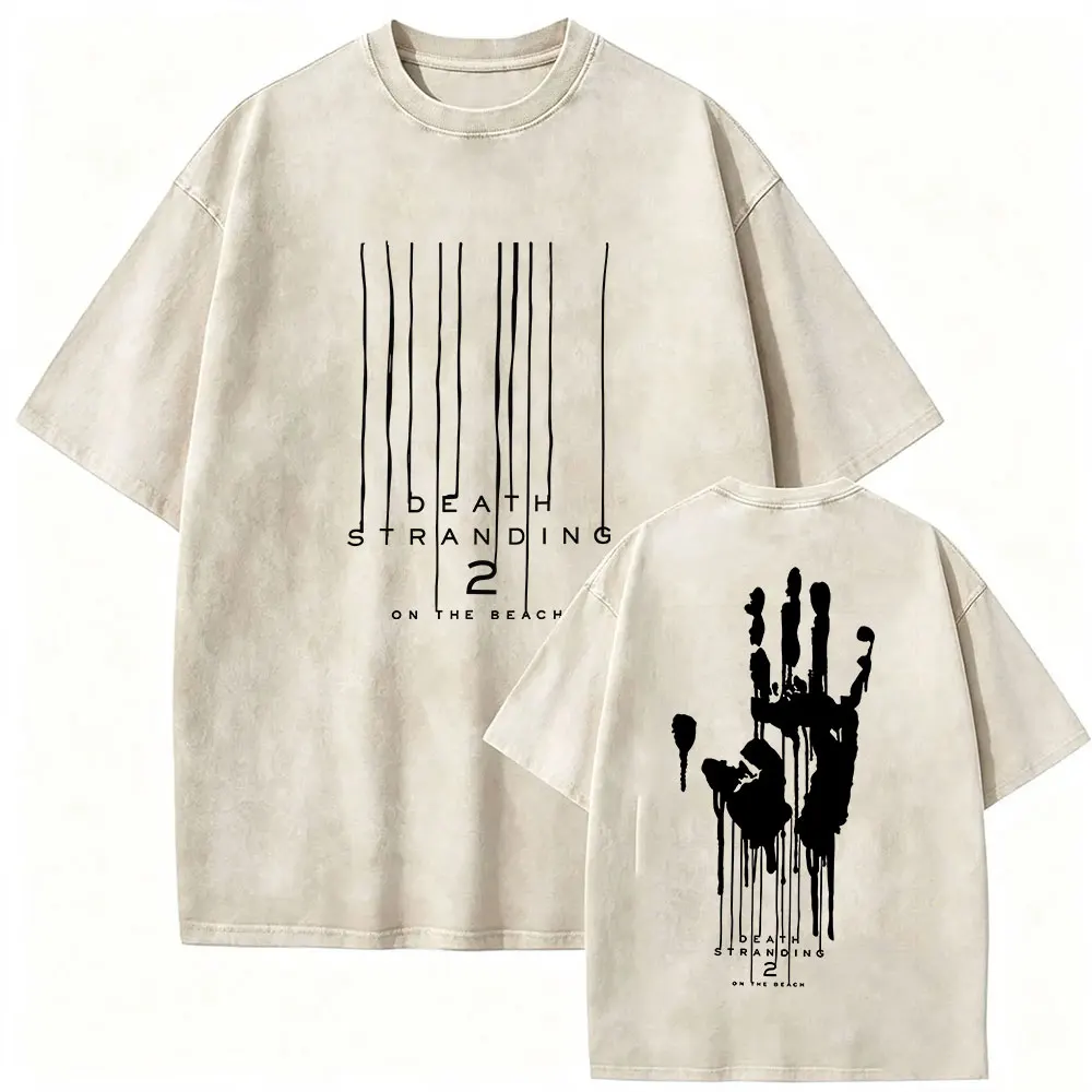 Vintage Washed Game Death Stranding 2 on The Beach Print T Shirt Men Women gothic Fashion Cotton Short Sleeve T-shirt Streetwear