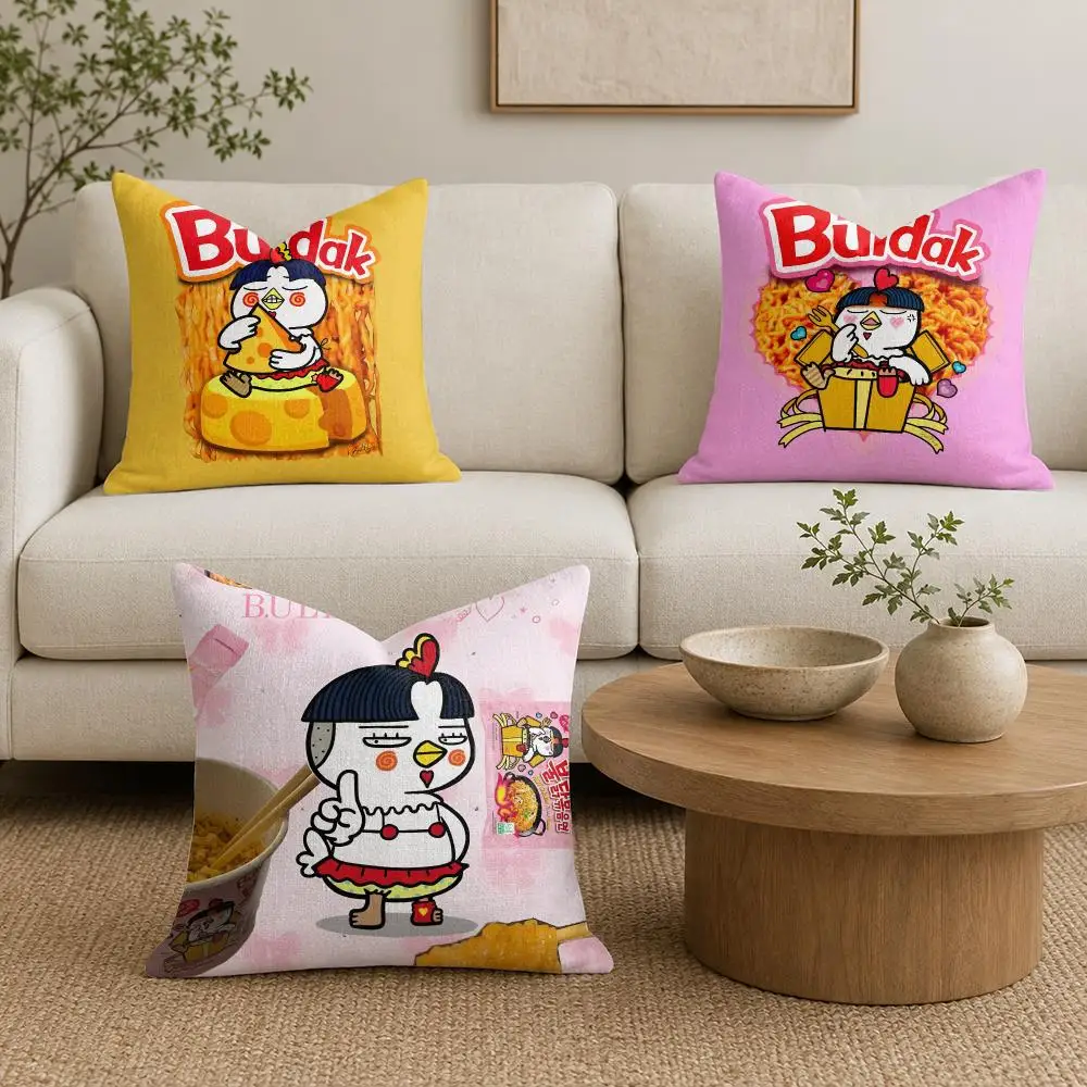 Spicy Cute B-Buldak Rame Cushion Cover Organic Natural Linen Pillowcase with Double Sided Print for Sofa Home Decor Gift