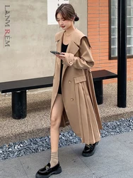 LANMREM Designer Trench Coat For Women Double Breasted Long Sleeves Spliced Belt Fold Coats Fashion Clothing 2023 New 2YA3542