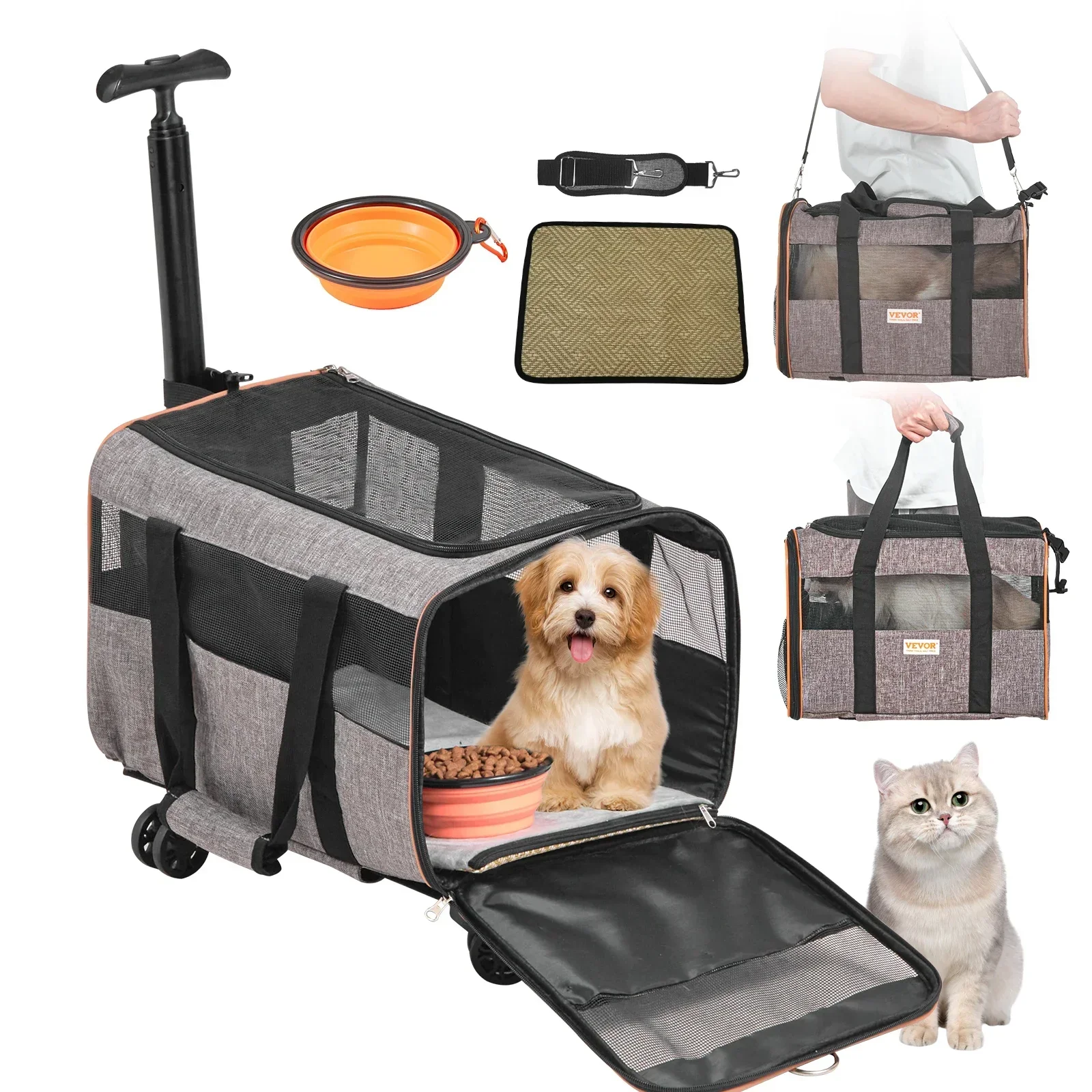 Cat Carrier With Wheels, Airline Approved Rolling Pet Carrier With Telescopic Handle And Shoulder Strap