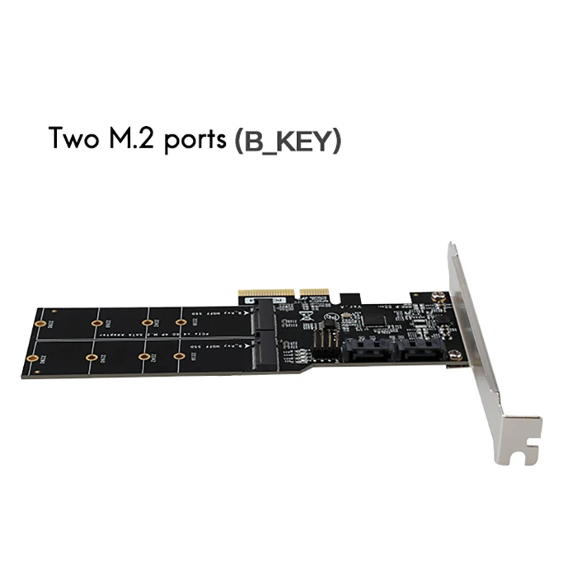 Placa adaptadora PCIE3.0 X4 para 2 portas M.2 (B-KEY) e SATA3.0 de 2 portas com suporte para taxa de comunicação 6,0 Gbps / 3,0 Gbps / 1,5 Gbps