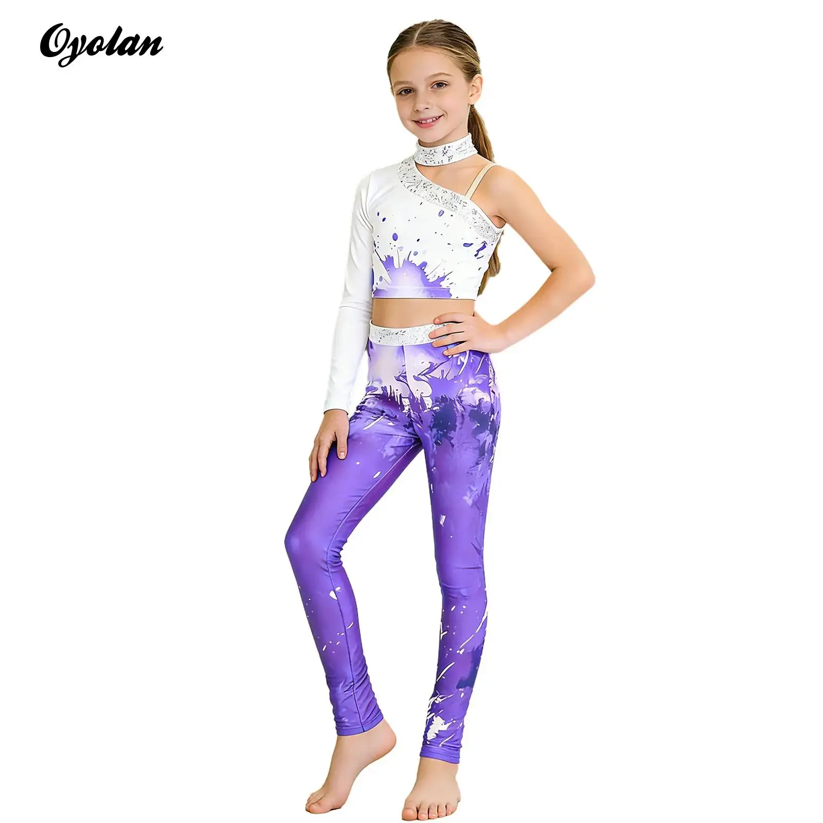 

Kids Girls Printed Gymnastics Leotards Figure Skating Ballet Dance Performance Costume Shiny Sequins Crop Top with Leggings