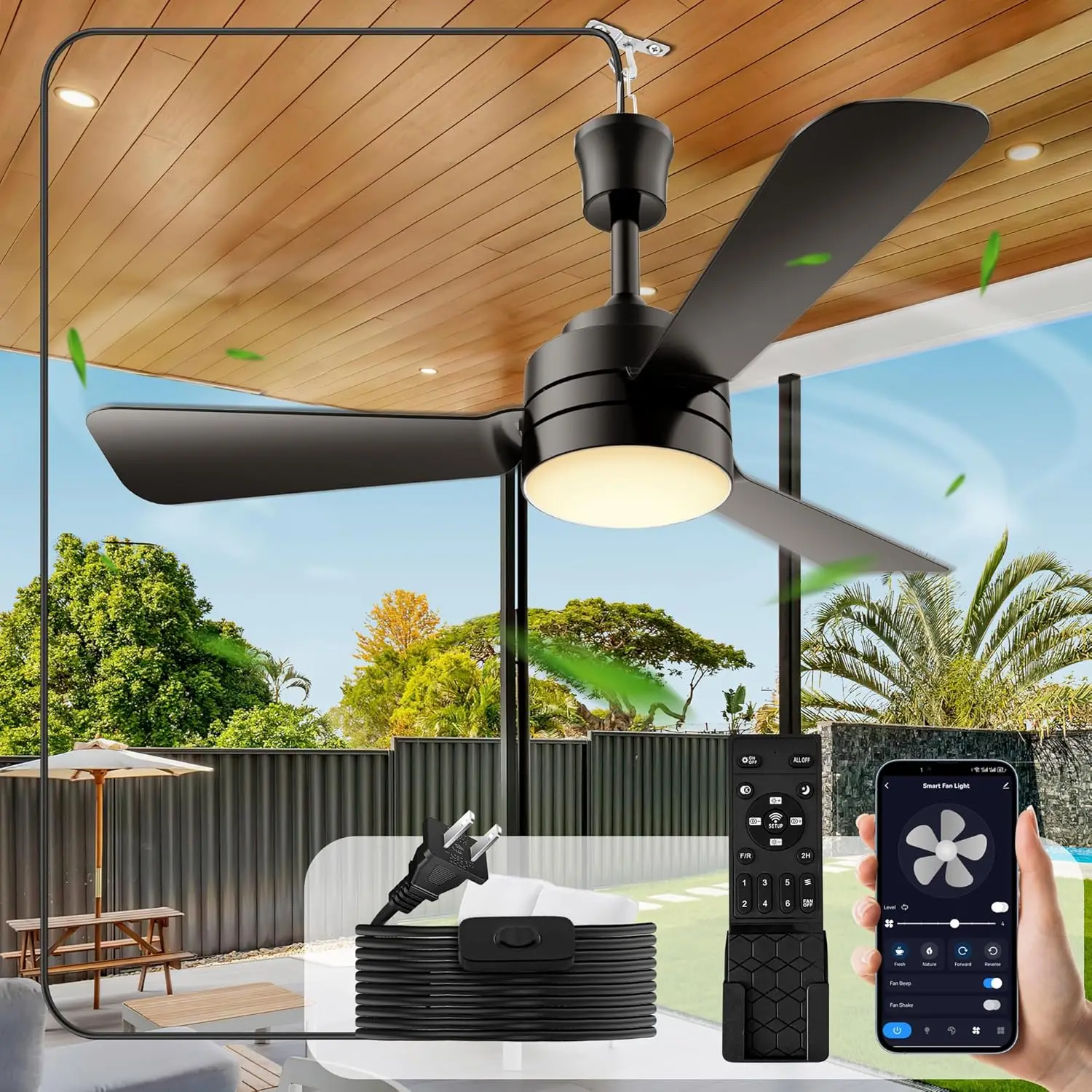 

28" Portable Ceiling Fan with LED Light, Remote Control, Hook for Camping and Patios