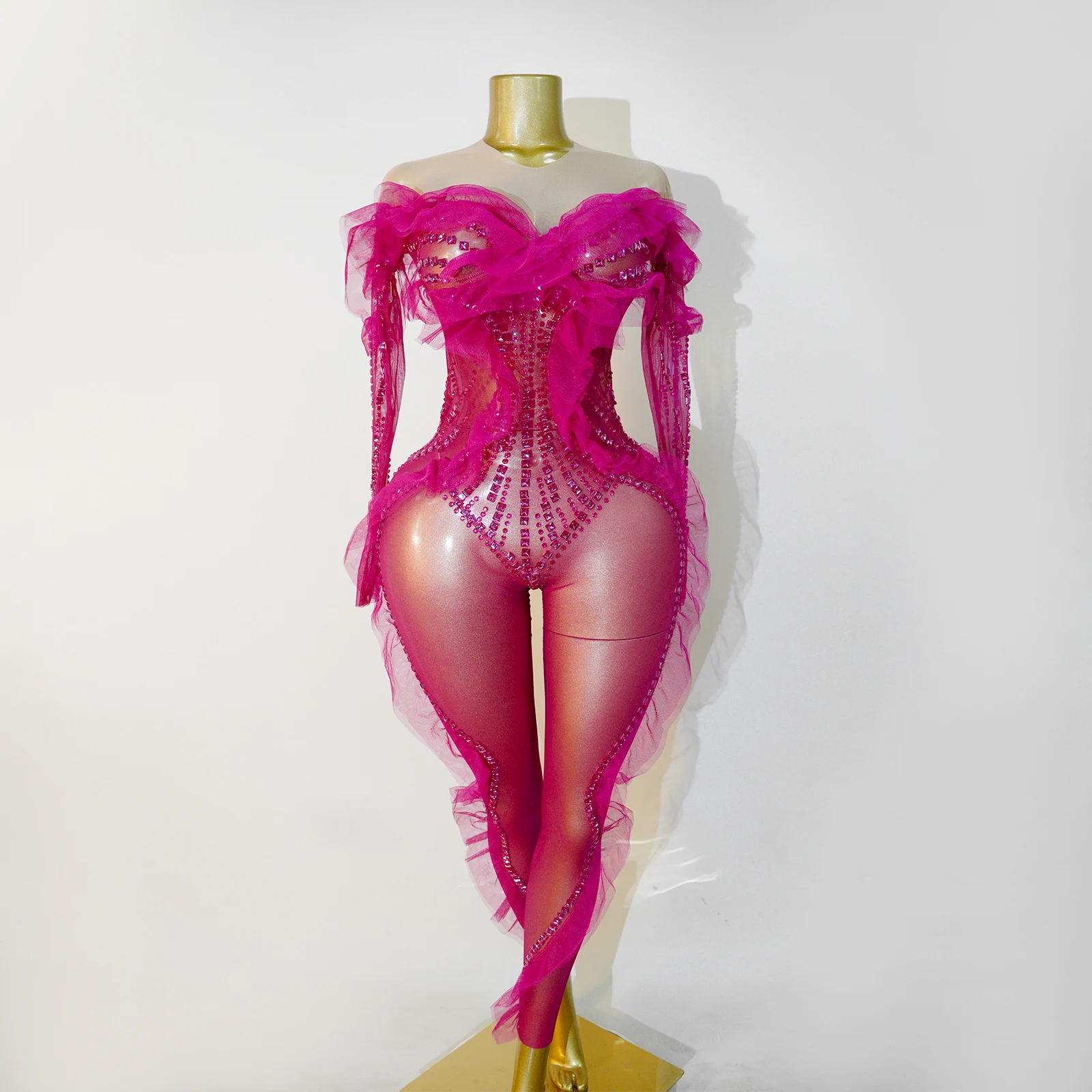 

Pink Pole Dance Rhinestones Jumpsuit Mesh Dance Long Bodysuit Party Birthday Celebrate Singer Nightclub Stage Drag Queen Outfit