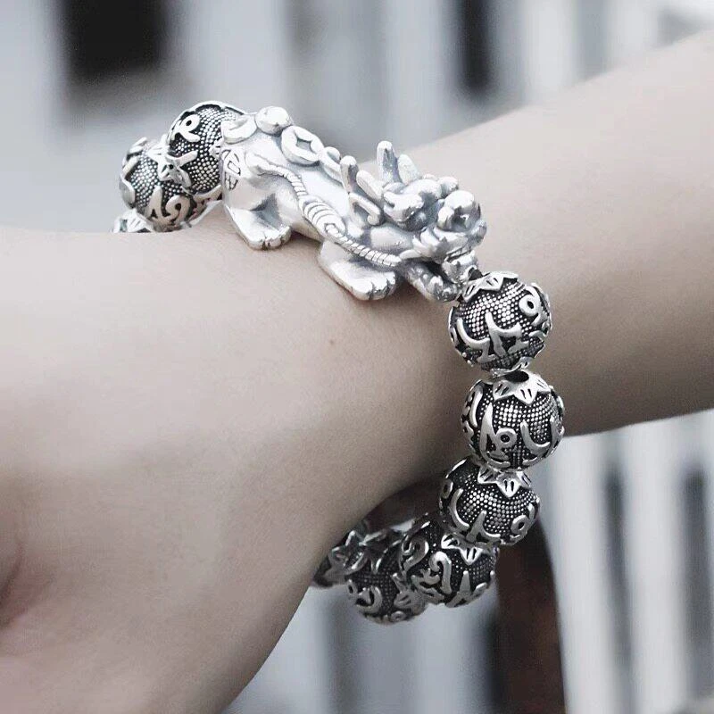 999 Sterling Silver Pixiu Bracelet for Men, Vintage Six Words Mantra Beaded Bracelet, Wealth Lucky Transfer Ethnic Jewelry