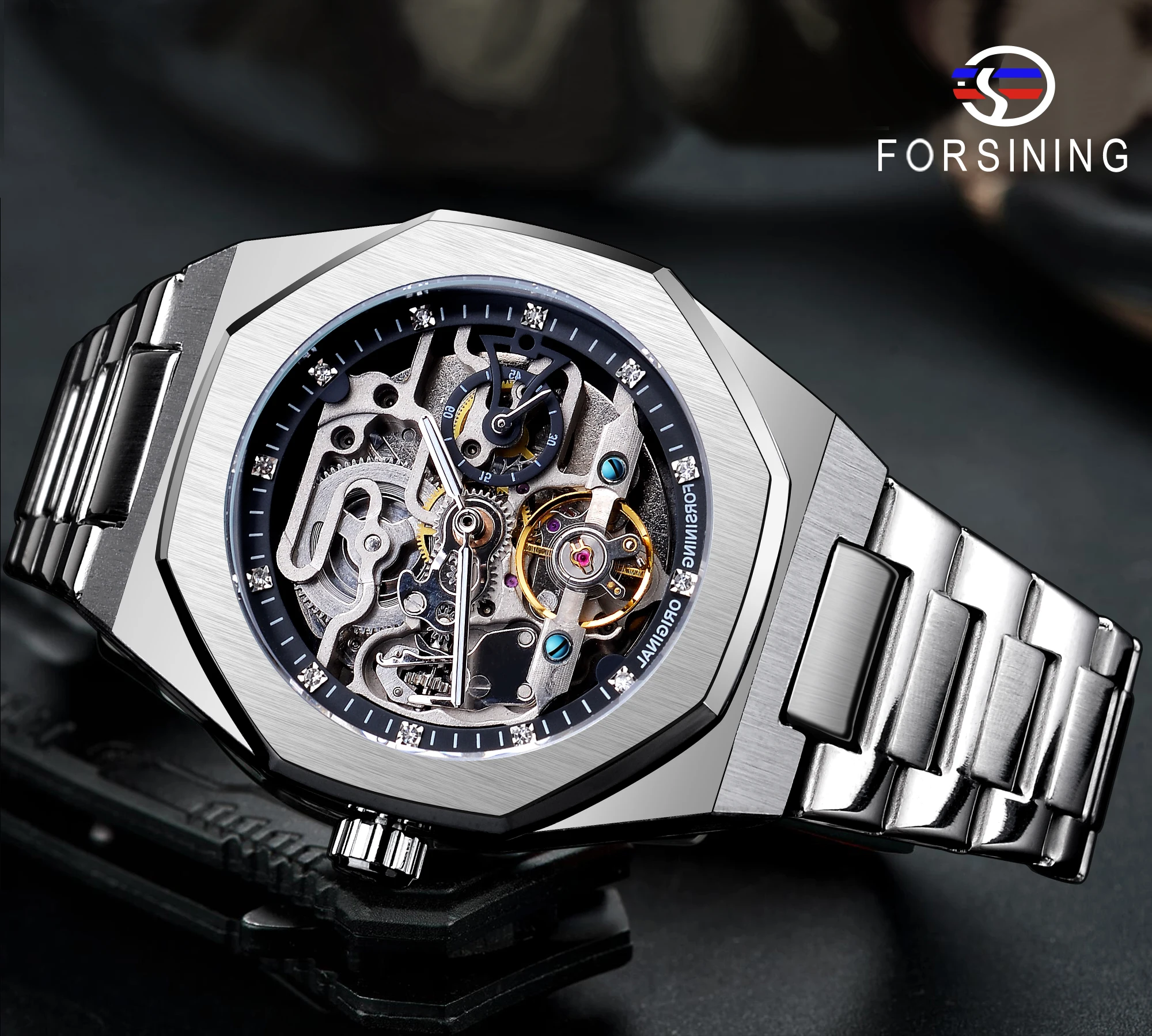 Forsining Casual Automatic 3d Diamond Skeleton Hollow Full Stainless Steel Men Luminous Military Watches Tourbillon Montre Homme