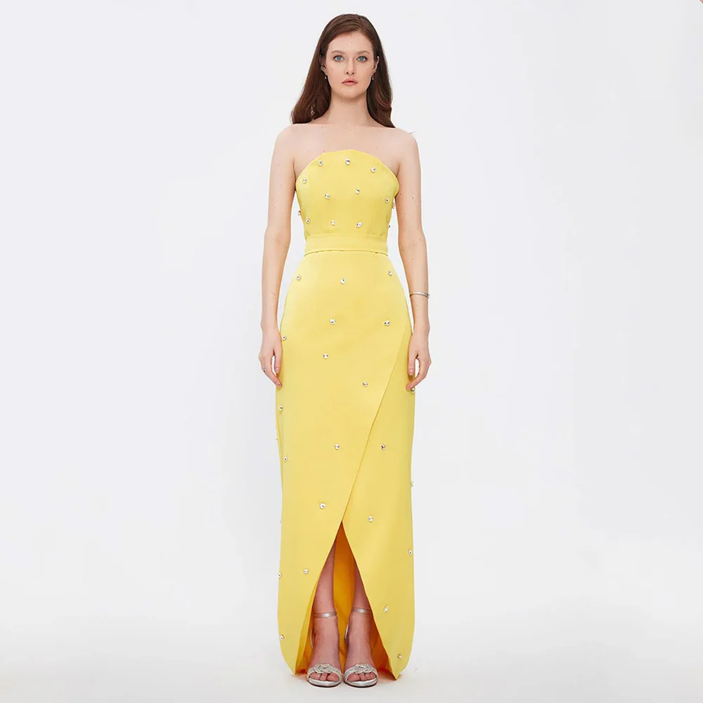 Yellow Satin Prom Dress Strapless Sleeveless Stone Crystal Floor Length Front Slit Straight Evening Gown Dubai Party Dresses