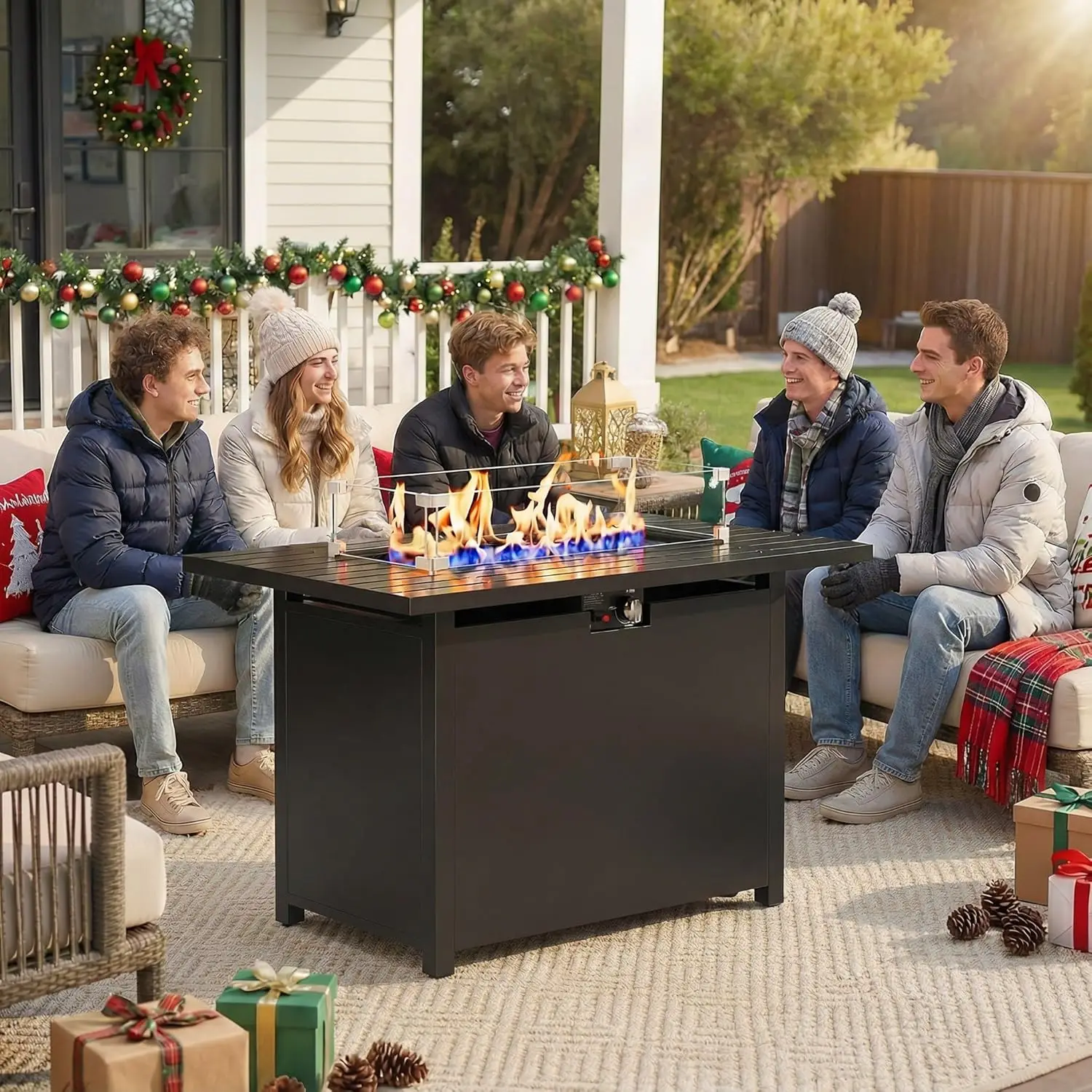 

43'' Propane Fire Pit Table, 50000 BTU Gas Fire Pits Table with Removable Lid and Lava Rock, Rectangular Fire Table , Black