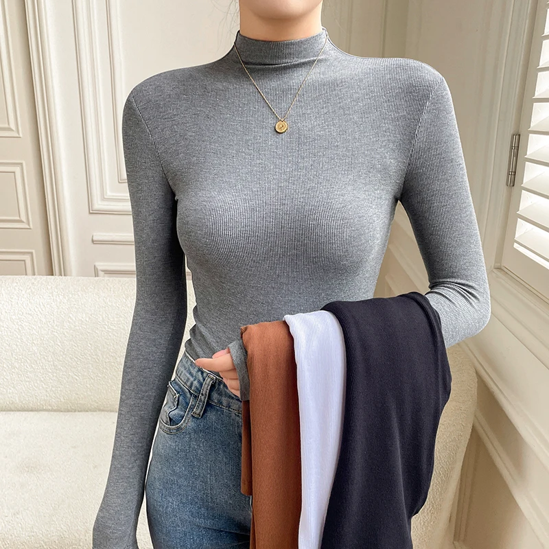 

Threaded Turtleneck Bottom T-Shirt Women Inner Spring Autumn Winter Long Sleeve Tops Blouse Top Soft Simple Versatile