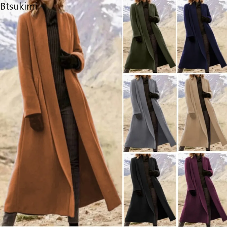 Women's Extra Long Woolen Jacket Korean Version Thickened Long Strapping Jacket Large Size Solid Color Cardigan Woolen Coat New
