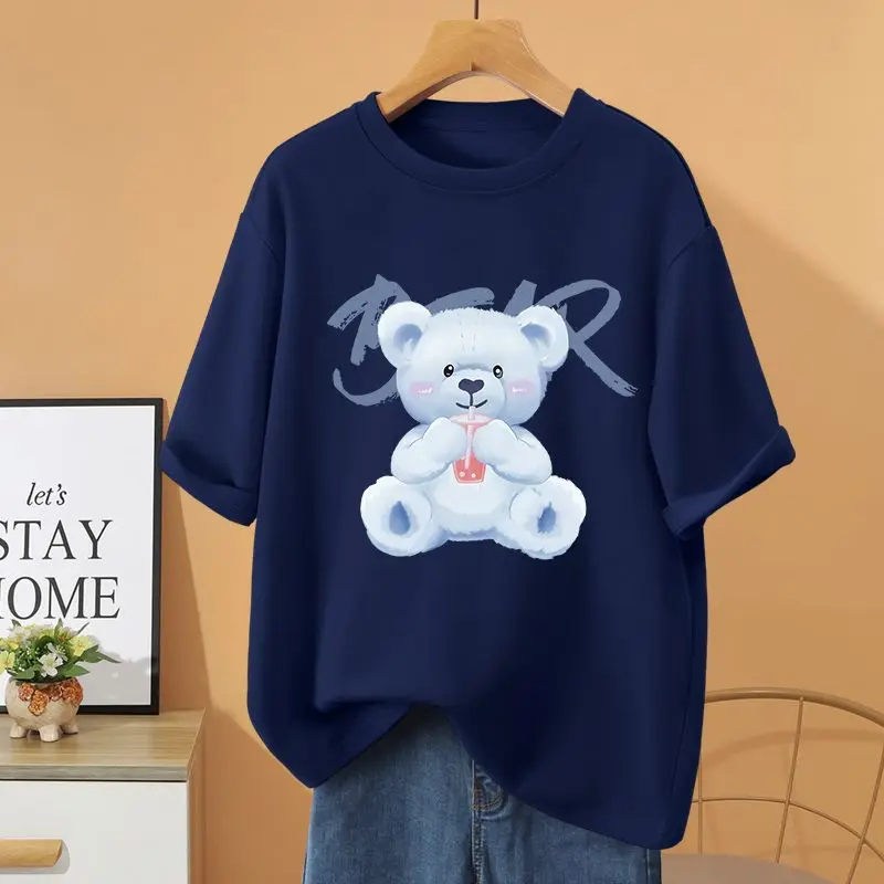 Summer 100% Cotton Loose Casual T-shirt, Women Clothing Cartoon Printed Basic Pullovers, Vintage O-neck Short Sleeve Top Tee