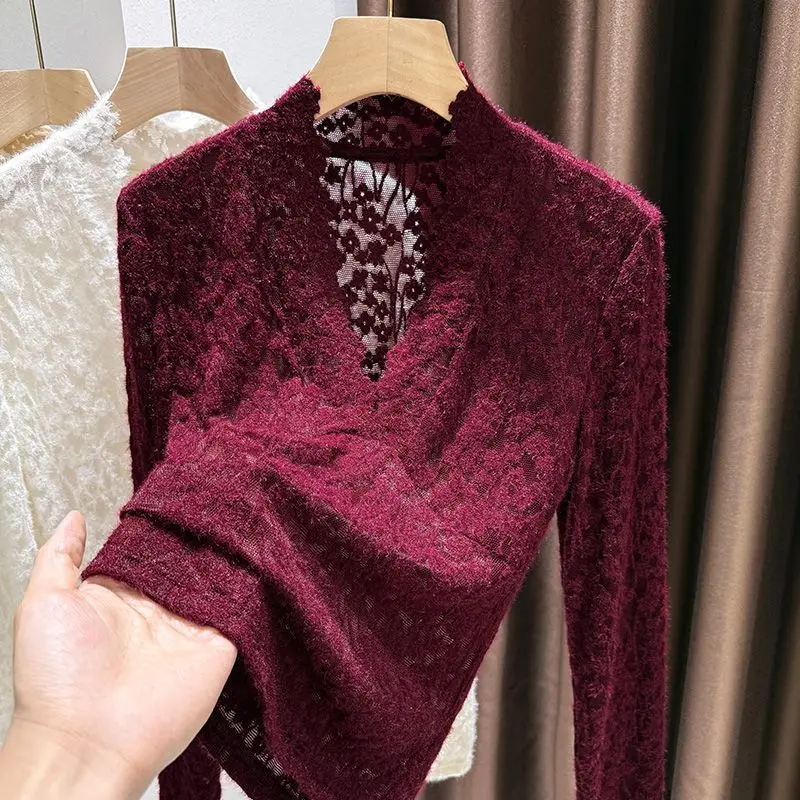 2026 New Women Brushed Lace Long Sleeve Base Top Plus Size Casual See Through Wavy Trim V Neck Inner Wear T Shirt Undershirt For