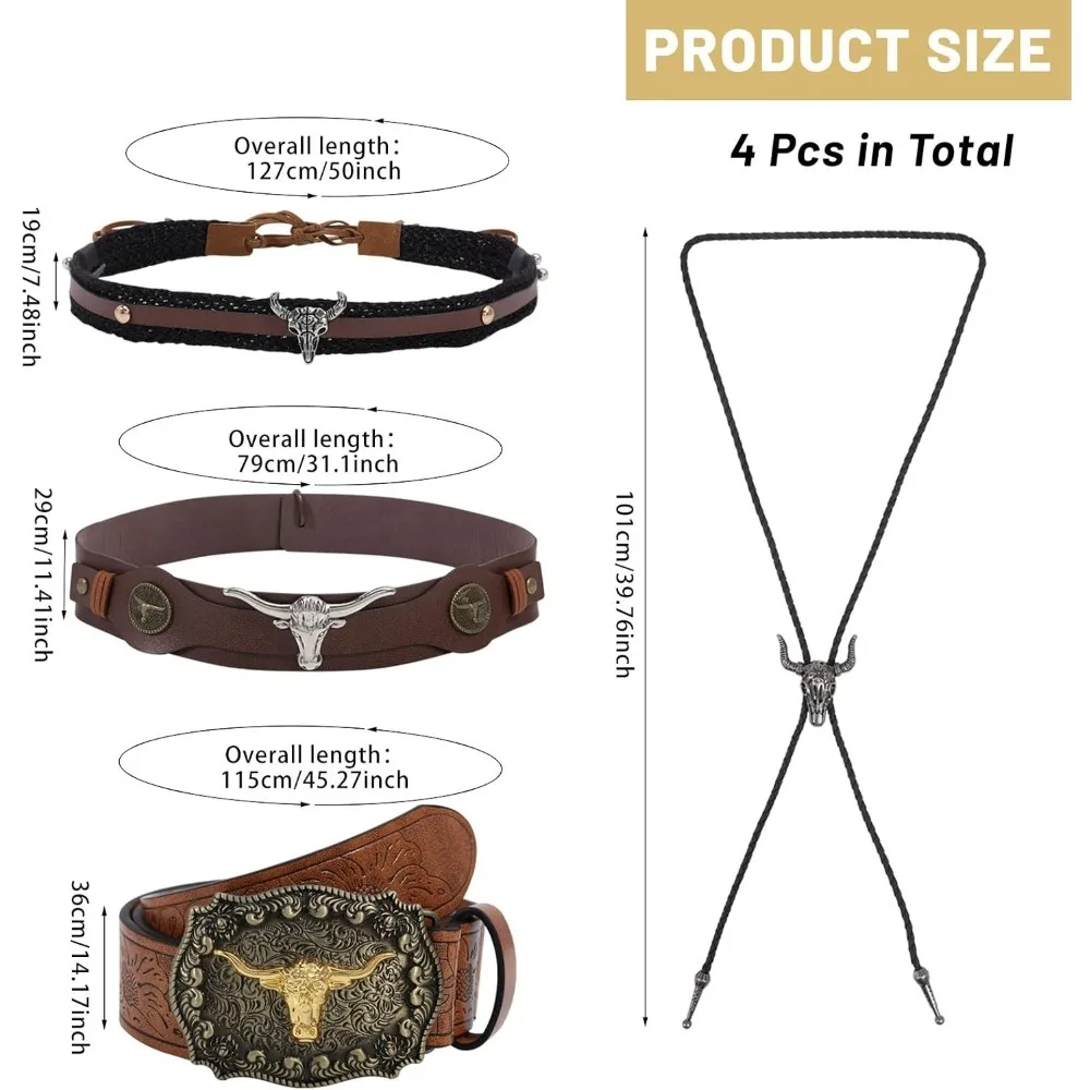 4pcs Western Cowboy Accessories Include 2pcs Cowboy Ethnic Western Hat Bands 1pc Buckle Belts and 1pc Bolo Tie for Men Women